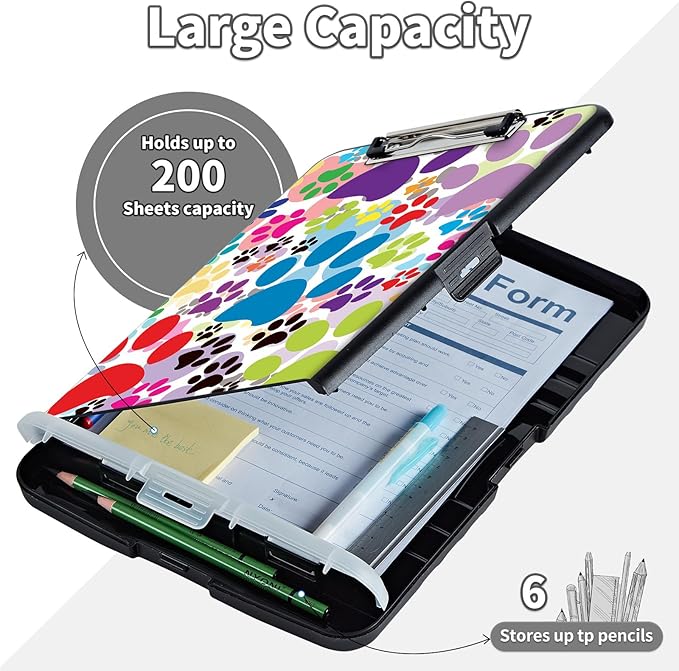 Clipboard with Storage,Clip Boards 8.5X11 with Storage & Pen Holder,Heavy Duty Plastic Nursing Clipboards Foldable,Coaches Clipboard Folder Case,School Office Supplies，Dog Pawprint Multicolor