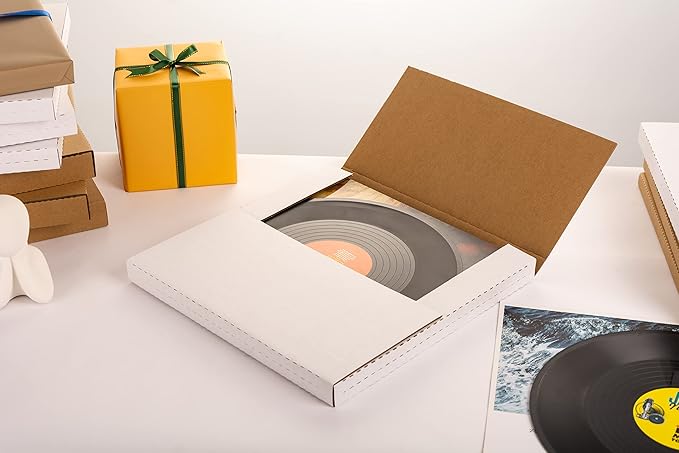 50 Pack Vinyl Record Mailers 12.8"L x 12.8"W x 1"H Multi Depth LP Album Shipping Boxes with Fragile Stickers, White