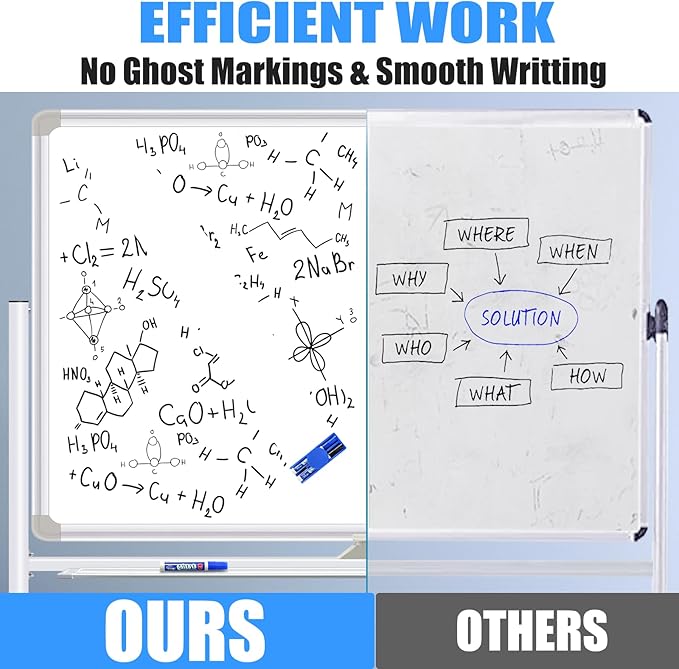Dry Erase Board with Stand - 48x36 Inches Double-Sided Mobile Whiteboard with Stand, Large White Board on Wheels for Meeting, Training, Rolling Magnetic Whiteboard for Home Office Classroom School