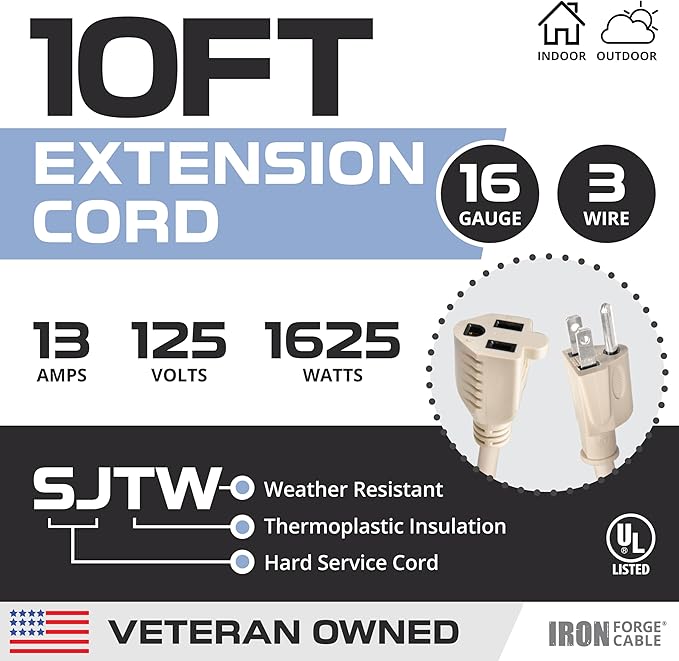 Iron Forge Cable Weatherproof 10 Ft Outdoor Extension Cord - 16/3 SJTW Heavy Duty Light Brown Extension Cord 3 Prong - 13 Amp Exterior Power Cable