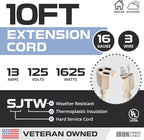 Iron Forge Cable Weatherproof 10 Ft Outdoor Extension Cord - 16/3 SJTW Heavy Duty Light Brown Extension Cord 3 Prong - 13 Amp Exterior Power Cable