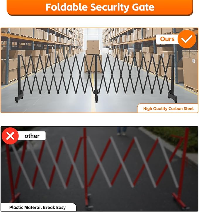 16 FT Industrial Metal Expandable Barricade，Retractable Traffic Fence with Casters, Folding Security Gate，Portable Barricade Gate for Construction Area, Traffic Control, Cordon(Black）