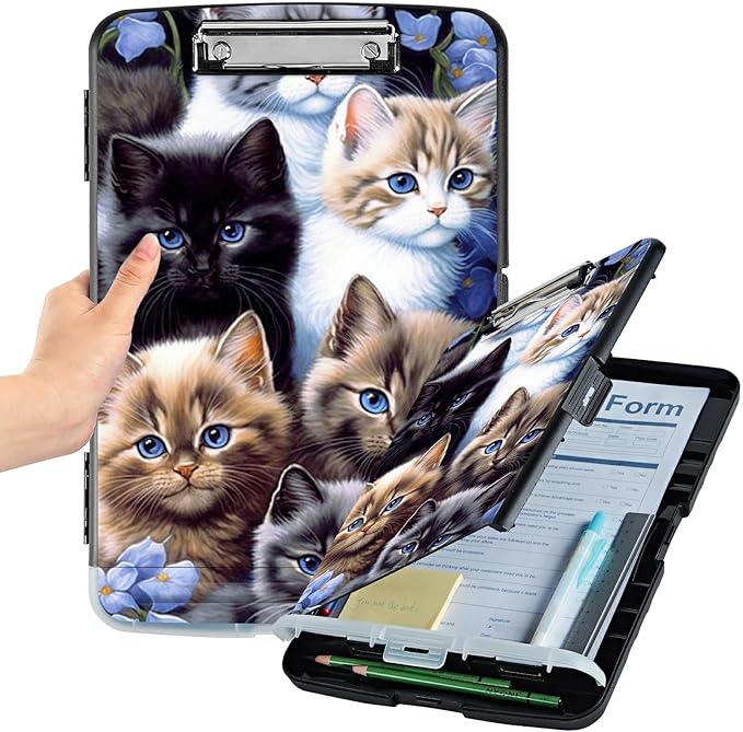 File Clipboard Storage with Pen Holder High Capacity Plastic Nursing Clipboards File Folder Storage Box Clipboard with Heavy Duty Clips for Teacher,Doctor,Offices-Cute Cat