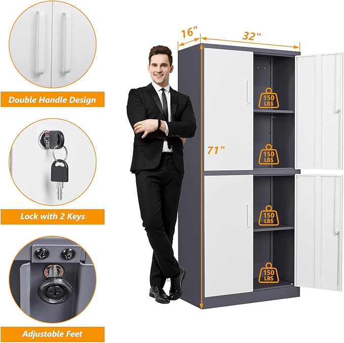 STANI Metal Storage Cabinet, Locking Steel Cabinet with 4 Doors and 2 Adjustable Shelves, 71" Tall Steel Cabinet for Home Office, Garage, School (Grey+White)