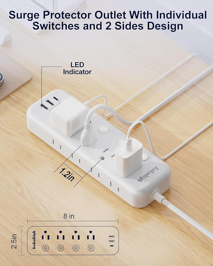 Appliance Extension Cord with Individual Switches on Off - 5 FT, 14 Gauge Heavy Duty Extension Cord with USB Ports, 8 outlets, High Wattage for Microwave, Workbench, Kitchen, Garage Must Have