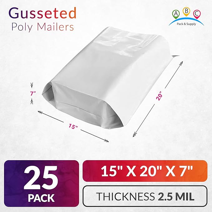 ABC PACK & SUPPLY White Gusseted Poly Mailers, 15 x 20 x 7 Inch. Pack of 25 Expansion Poly Mailers Bags. Shipping Envelopes for Clothing, 2.5 Mil. Plastic Shipping Bags Self Seal. Mailing Packages