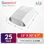 ABC PACK & SUPPLY White Gusseted Poly Mailers, 15 x 20 x 7 Inch. Pack of 25 Expansion Poly Mailers Bags. Shipping Envelopes for Clothing, 2.5 Mil. Plastic Shipping Bags Self Seal. Mailing Packages
