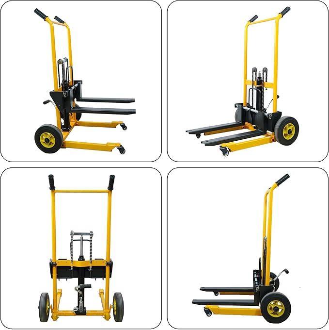 Foldable Hydraulic Lift Dolly, 450LBS 36" Pallet Stacker, 2-in-1 Hand Truck & Flatbed Cart, Adjustable Forks, 10" Rubber Wheels, Foot Pump, for Warehouse Garage Workshop
