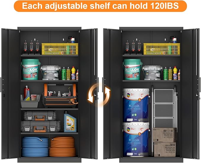 Metal Garage Storage Cabinets,Locking Garage Cabinets with 2 Door and 4 Adjustable Shelves,Steel Tall Cabinet for Home Office,Warehouse,School,Black