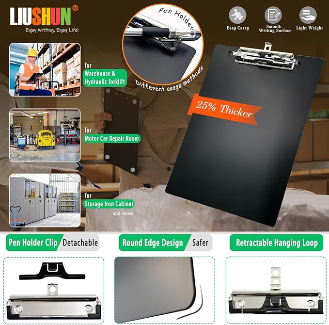 Aluminum Magnetic Clipboard A4 Metal Strong Fixed Magnet Message Clip Board Stainless Hangable w/Pen Holder Letter 9" x 12.6" for School Office Forklift Factory Workshops Supplies (Black)