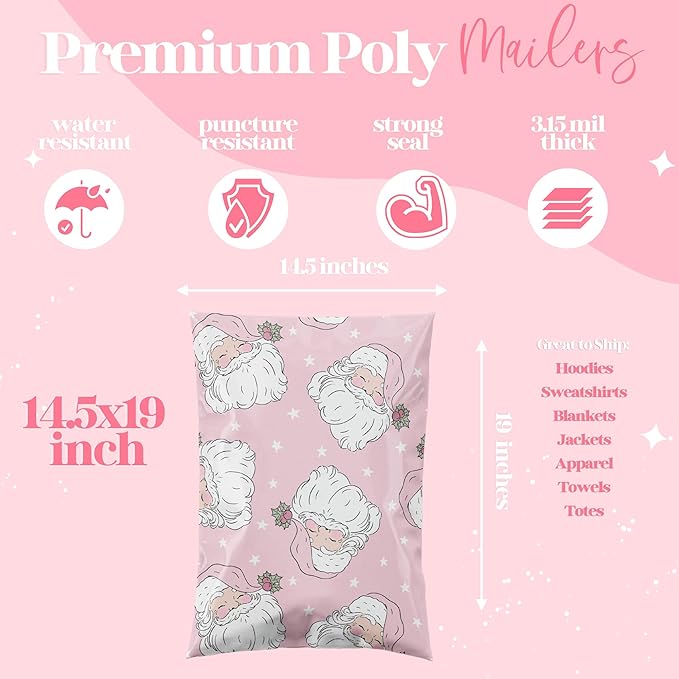 14.5x19 Designer Christmas Holiday Poly Mailers 100 Pack Heavy Duty Waterproof Self Seal Shipping Bags Large Mailing Envelopes Bulk Tear Resistant Cute Packaging Pink Santa