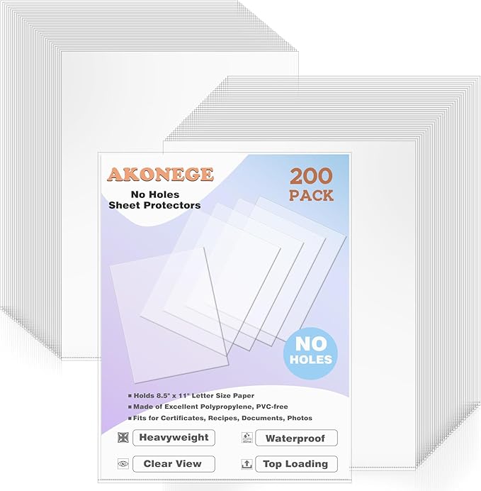 AKONEGE 200 Pack No Holes Sheet Protectors 8.5 x 11 Inch Letter Size Page Protectors for Documents, Prints, Top Loading Heavyweight Clear View Plastic Sleeves for Papers, Artworks, Photos