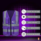 A-SAFETY XSmall Purple High Visibility Safety Vest with 4 Reflective Strips 7 Pockets,X-Small