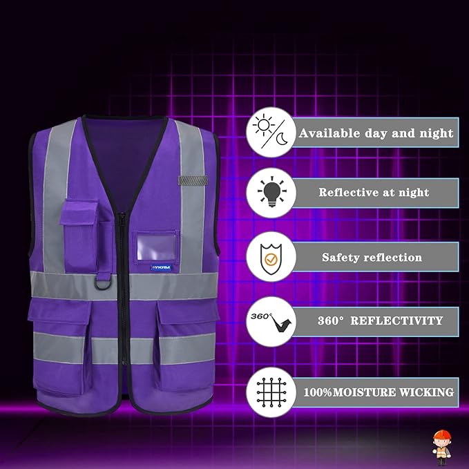 Hi Reflective Safety Vest,A-SAFETY, Hi Vis Bright Neon Colors Safety Vest with 4 Reflective Strips 7 Pockets (6XL, Purple)