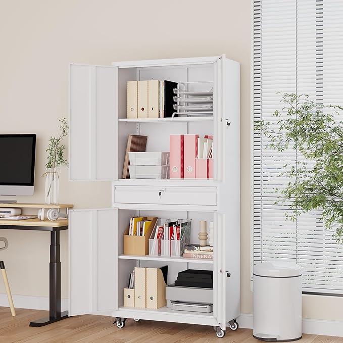 73" Metal Garage Storage Cabinet with Wheels， Rolling Tool Storage with Locking Doors， Adjustable Shelves and Drawer, Heavy Duty Steel Tool Cabinet for Garage, Warehouse, School(White)