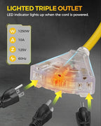 75 FT Retractable Extension Cord Reel, Heavy Duty Power Cord, 14AWG/3C SJTOW, 3 Grounded Outlets Lighted Triple Tap, 10A Circuit Breaker, Wall/Ceiling Mounted, ETL Listed, Yellow Y75ACR06