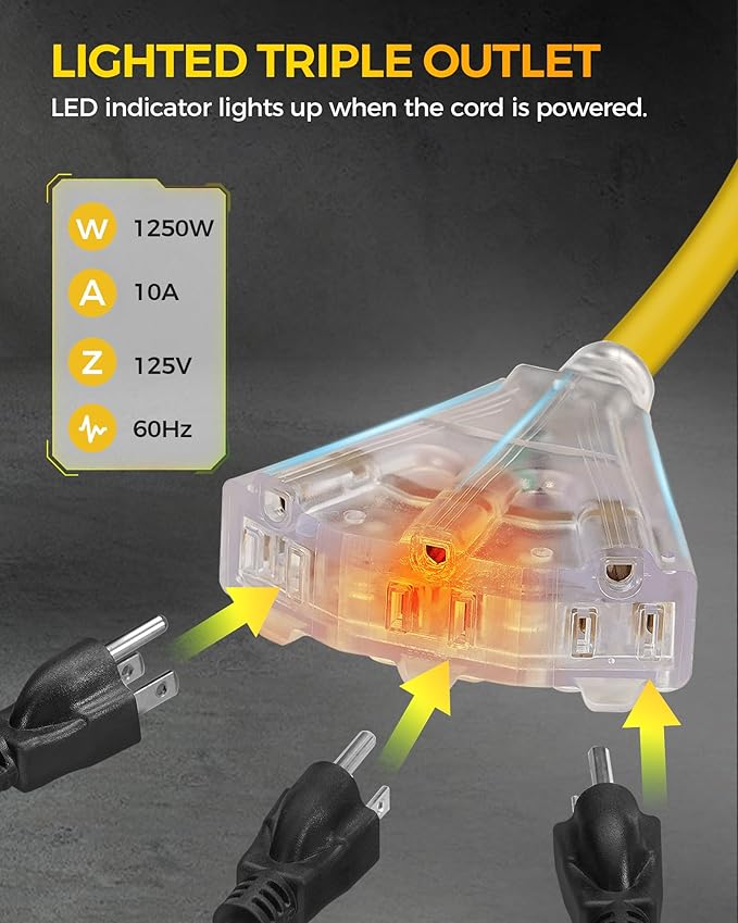 75 FT Retractable Extension Cord Reel, Heavy Duty Power Cord, 14AWG/3C SJTOW, 3 Grounded Outlets Lighted Triple Tap, 10A Circuit Breaker, Wall/Ceiling Mounted, ETL Listed, Yellow Y75ACR06