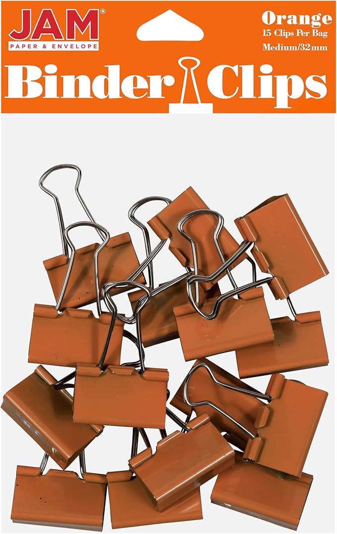 JAM PAPER Colorful Binder Clips - Medium - 1 1/4 Inch (32 mm) - Orange Binderclips - 15/Pack