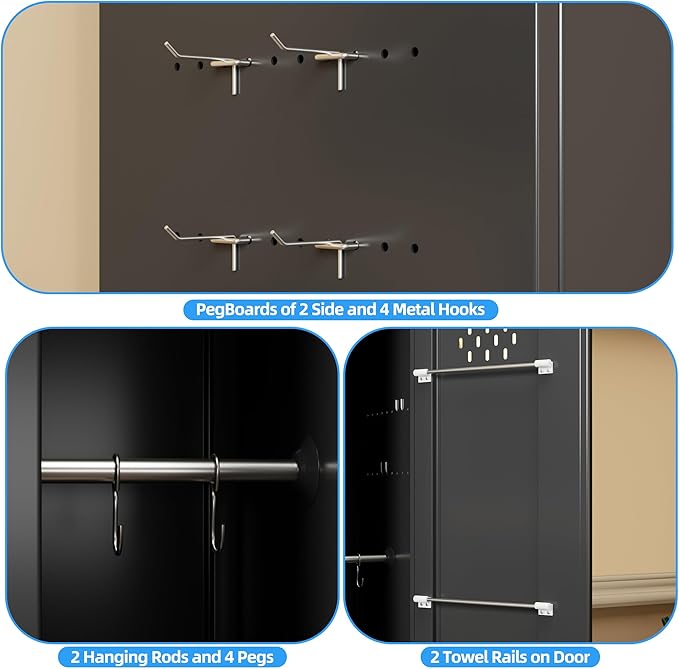 Aobabo Metal Broom Closet Storage Cabinet with Wheels, 72'' Tall Steel Cleaning Tools Garage Cabinet with Pegboards and Hooks,Assembly Required,Black