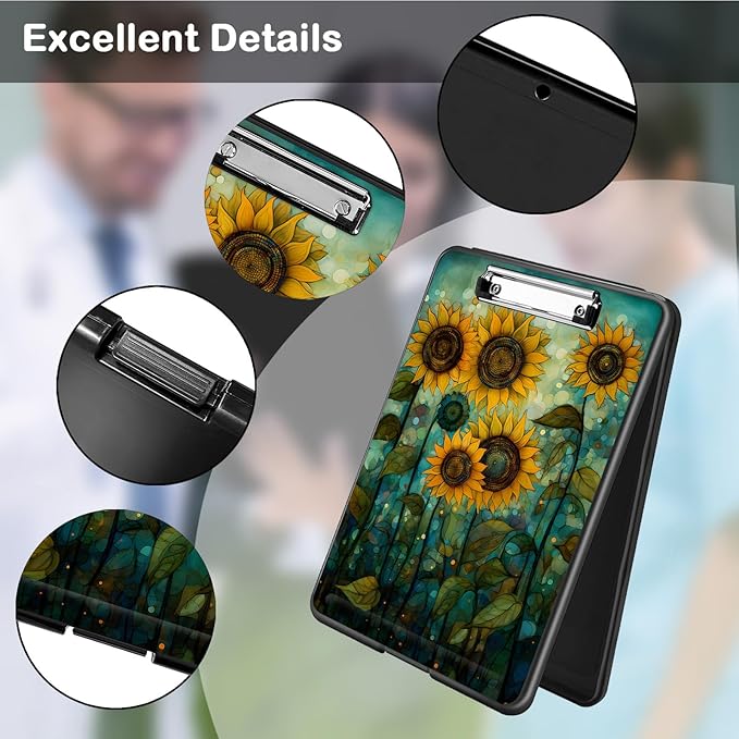Clipboard with Storage,Office Supplies Nursing Clipboards Folder with Pen Holder Plastic Foldable Clip Board with Storage for Nurse Teacher,Art Sunflowers