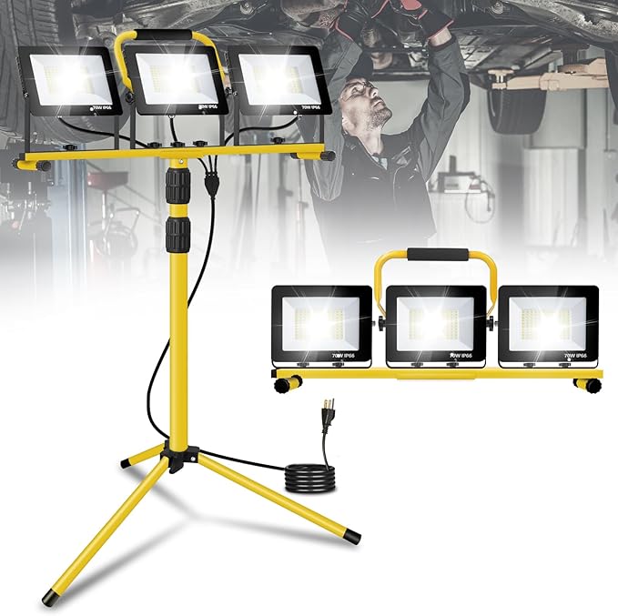 21000Lumens LED Work Lights with Stand, 3 Adjustable Work Lamp Head with Individual Switch, IP66 Waterproof Tripod Work Light for Outdoor Indoor Job Site Workshop Garage Construction Site