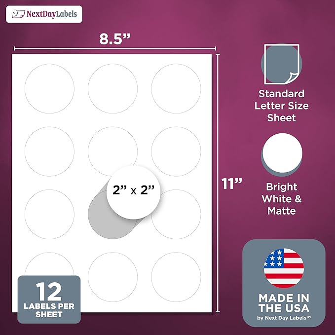 NextDayLabels - 2 Inch Round Labels for Bleeds - Sticker Labels for Printer - Matte White Blank Laser/Inkjet Printer Labels - Circle Stickers Printable Labels (250 Sheets, 12 Per Sheet, 3000 Labels)