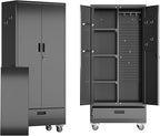 SUXXAN Broom Closet with Wheels 71"x 31.5"x15.75", Metal Cleaning Cabinets with Drawer Hooks and Hanging Rods, Lockable Cabinet with Pegboard, Adjustable Shelf,for Garage, Laundry Room