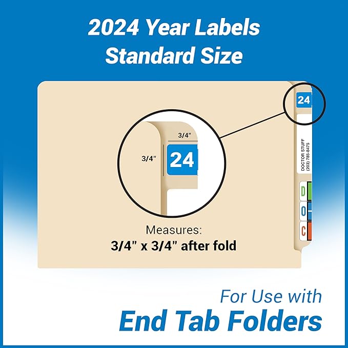 2024 Year Labels, Doctor Stuff 2024 Chart Stickers, Light Blue Color Coded, Medical Arts Press Style, USA Made Year Labels for End Tab File Folders, 500/Roll, 1 Roll, 3/4" x 1-1/2"