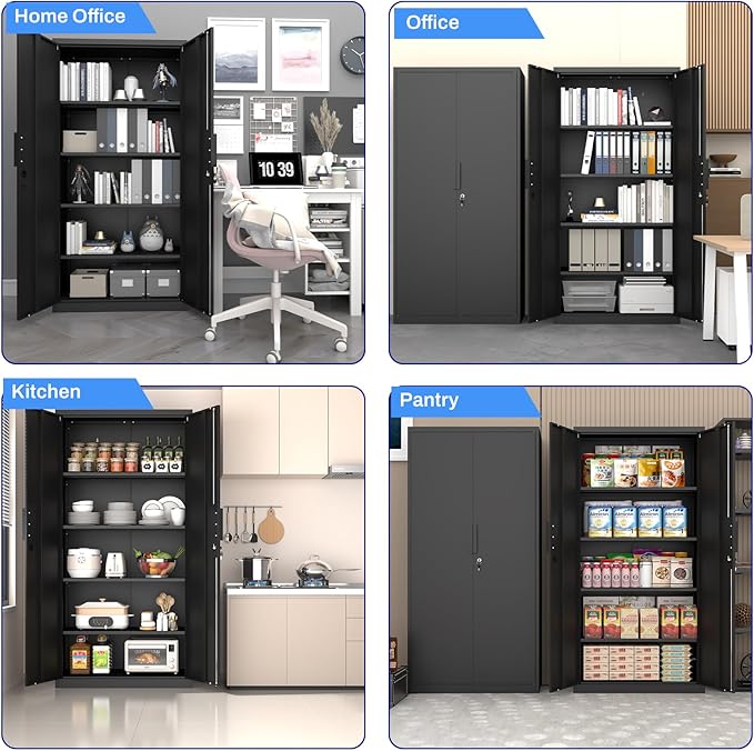 Metal Garage Storage Cabinet with Lock, 72" Tall Steel Storage Locker with 4 Adjustable Shelves, Heavy Duty Metal Cabinet for Garage, Office, Home, Black