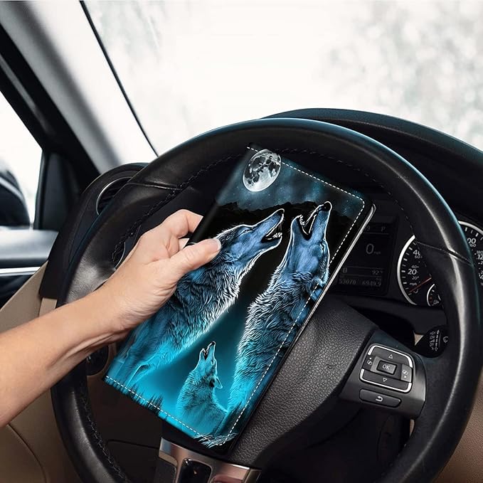 Car Registration and Insurance Holder, Leather Car Glove Box Organizer, Cool Car Accessories for ID, Driver's License Cards & Essential Document, business cards, Men&Women,Howling Wolf/Moon