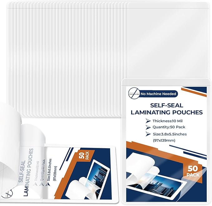 50 Pack 10 Mil 3"x5" Self Sealing Laminating Pouches Self Adhesive Lamination Pouches Clear Laminate Sheets for Photos Index Cards Office School(No Heat Laminating Sheets & No Laminator Machine Need)
