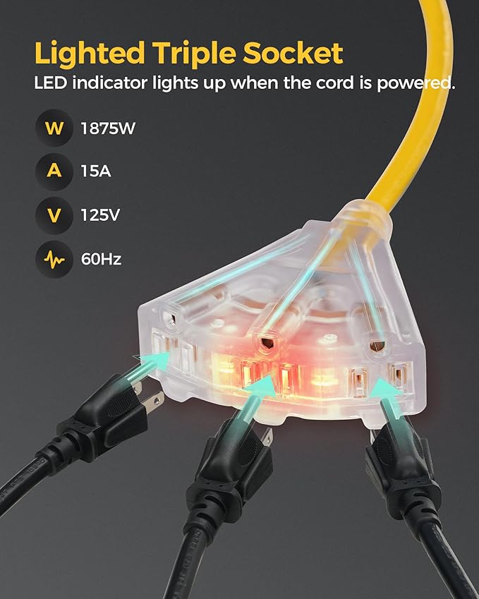 Retractable Extension Cord Reel, 45 FT Heavy Duty Power Cord, 12AWG/3C SJTOW, 3 Grounded Outlets Lighted Triple Tap for Ceiling/Wall Mount, 15 Amp Circuit Breaker, UL Listed, Yellow Y45CR06