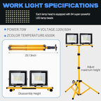 21000 Lumen Work Lights with Stand, 3 Adjustable Head LED Work Light, with Adjustable and Foldable Tripod Stand, Waterproof Lamp with Individual Switch with 6500 Kelvin Color (2-Head-Yellow)