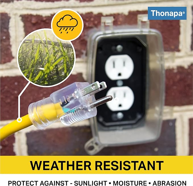 10 Gauge Outdoor Extension Cord 75 ft with 3 Outlets - Weatherproof Heavy Duty Extension Cord, Multiple Outlets 75 Foot, 10/3 SJTW Yellow Cable with 3 Prong Grounded Plug, 15 Amp