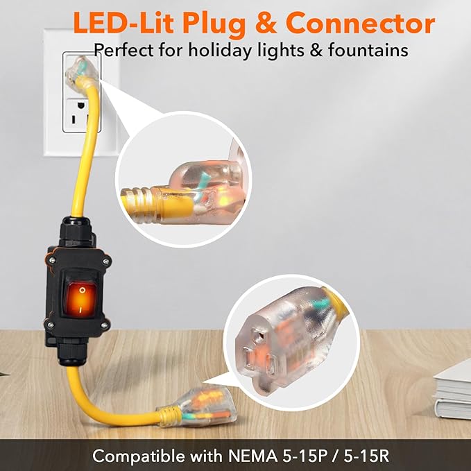 Heavy Duty Extension Cord with On/Off Switch, Outdoor Waterproof Inline Power Switch (Hook Mount, LED Indicator), All-UL Listed (Plug/Switch/Cable), 14/3 AWG SJTW, 125V/15A/1875W, 3-Pronged, 1.5FT