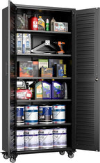 Aobabo Metal Storage Cabinet with Wheels, Locking Steel Storage Cabinet with 5 Shelves,15.75" D x 31.5" W x 71" H, for Garage School Office, Black