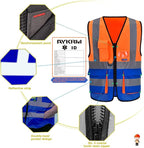 A-SAFETY High Visibility Safety Vest with 7 Pockets Multi Frontal Pockets Lighetweight Safety Vest with Reflective Strips and Zipper, Orange&Blue Color Mixed, XXXL