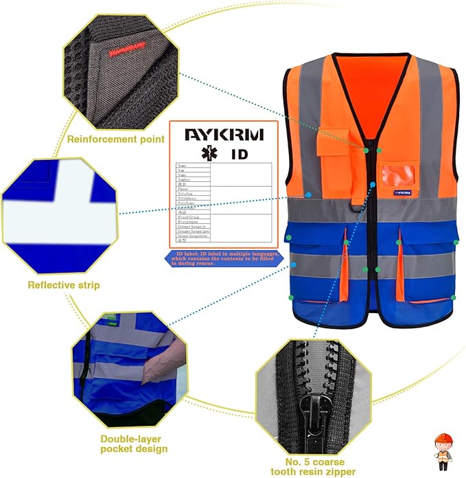 A-SAFETY High Visibility Safety Vest with 7 Pockets Multi Frontal Pockets Lighetweight Safety Vest with Reflective Strips and Zipper, Orange&Blue Color Mixed, XXXL