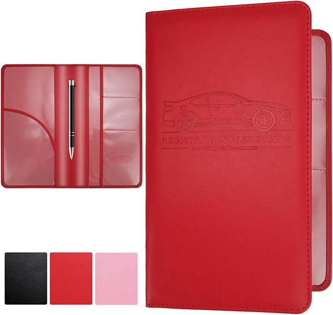 Car Registration and Insurance Card Holder, Leather License Document Red Glove Box Compartment Organizer, Car Wallet Case for Essential Info, License Cards, ID Card