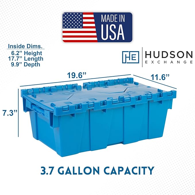 Hudson Exchange 19.6 x 11.6 x 7.3” (3.7 Gallon, 5 Pack) Storage Tote Distribution Container with Hinged Attached Lid, Blue