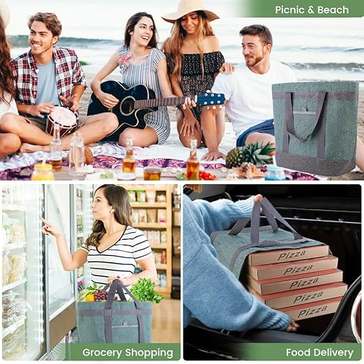 Insulated Reusable Tote Bag for Grocery Shopping for Women/Men, Waterproof Cooler Bags for Travel/Beach/Picnic, Pizza/Food Delivery Bag to Keep Food Cold/Hot for Catering (Oxford Cloth, Green)
