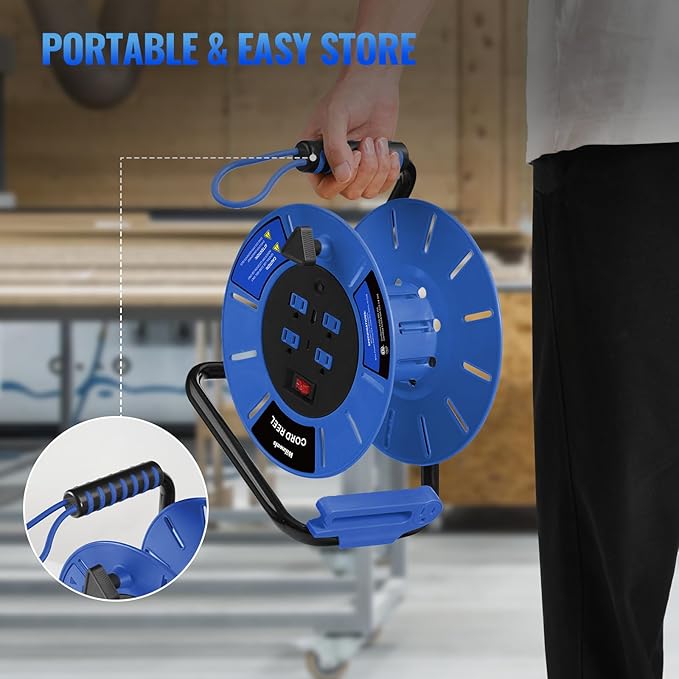Extension Cord Storage Reel with 4-Grounded Outlet & 2 USB Port, 15A Circuit Breaker, Heavy Duty Open Cord Reel for 12/3,14/3 Gauge Power Cord, Hand Wind Retractable, ETL Listed Blue U85CR06