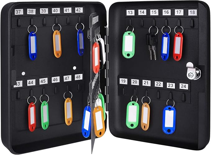 Amazon Basics Locking Steel Cabinet Security Lock Box With 48 Key Hooks, Black, 2.8" D x 7" W x 9.8" H