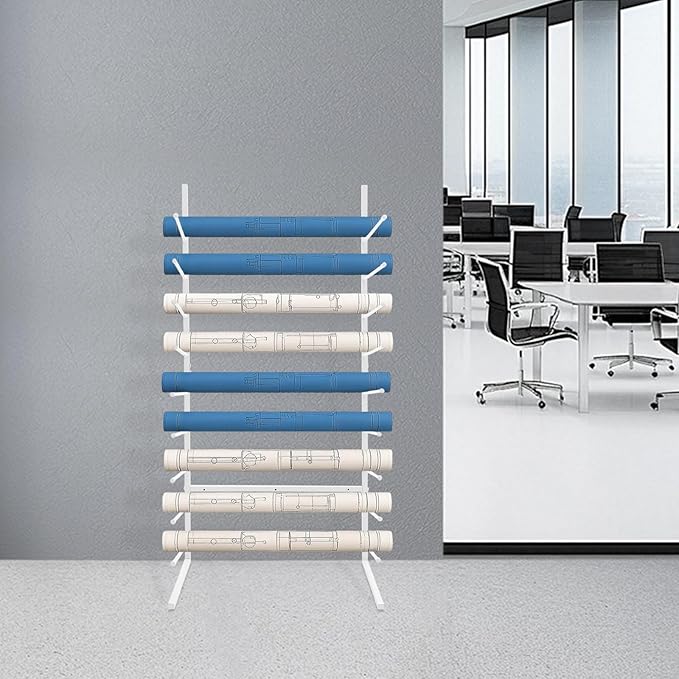 Wall Mount Art Print Blueprint Holder, 9-Tier Blueprint Holder, 20.87'' x 11.02'' x 44.09'' Blueprint Storage Rack for Working with Blueprints and Rolled Documents (White)