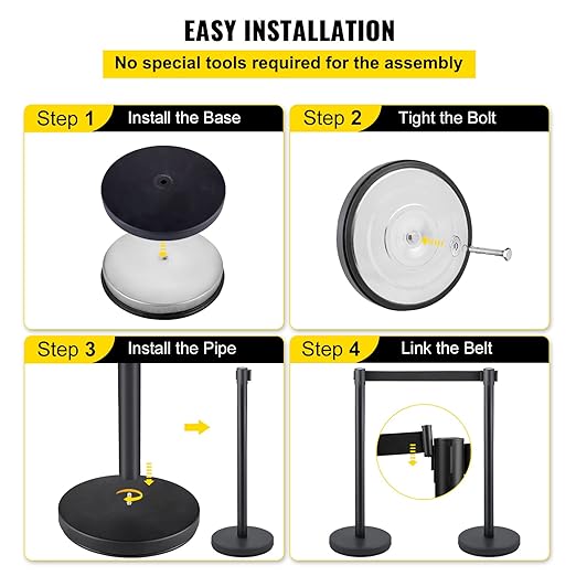 VEVOR Crowd Control Stanchion Set, Stanchion Set with 6.6 ft/2 m Black Retractable Belt, Black Crowd Control Barrier w/Concrete and Metal Base - Easy Connect Assembly (8)