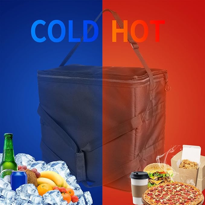 Insulated Heated Delivery Bag with Handle - Portable Microwave Food Warmer, Collapsable Grocery Boxes - Picnic Lunch Pizza Container for Food Transport