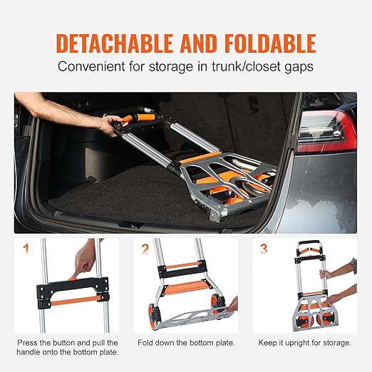 VEVOR Folding Hand Truck and Dolly, 309 Lbs Capacity, Aluminum Foldable Cart, Heavy-Duty Luggage Trolley Cart with Telescoping Handle and PP+TPR Wheels for Home, Office, Shopping, Travel
