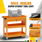 3 Tier Rolling Tool Cart on Wheels, 450 LBS Capacity Tool Cart with Drawers, Heavy Duty Rolling Utility Carts on Wheels, Rolling Tool Work Carts for Garage, Warehouse and Repair Shop,Orange