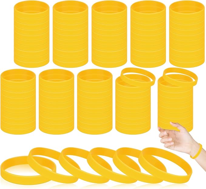 100 Pieces Rubber Bands For Silicone Bracelets, Bulk Plain Stretch Sports Elastic Rubber Wristbands For Teens, Party, Gift-Yellow