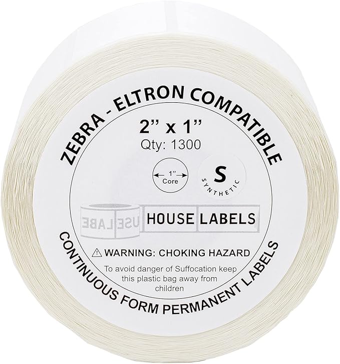 HOUSELABELS 2" x 1" Barcode Labels in Polypropylene Compatible with Zebra and Rollo Printers, 6 Rolls / 1,300 Labels per Roll